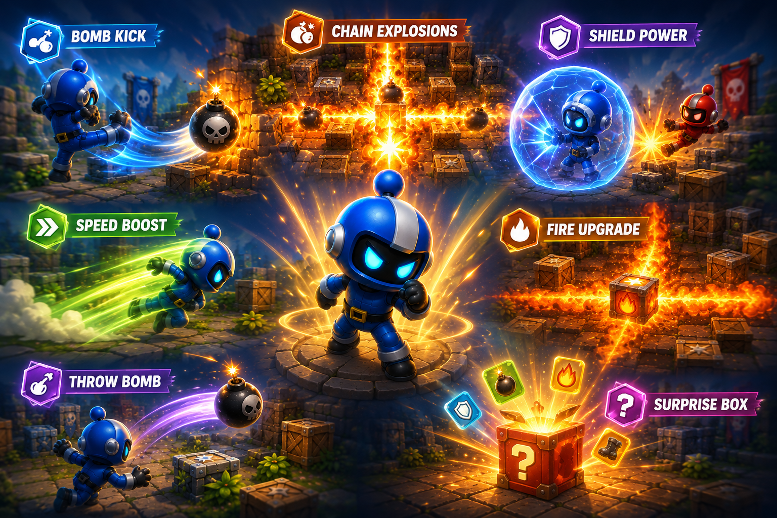 Illustrated strategy board showing bomb kick, chain explosions, shields, speed, fire, and mystery rewards.