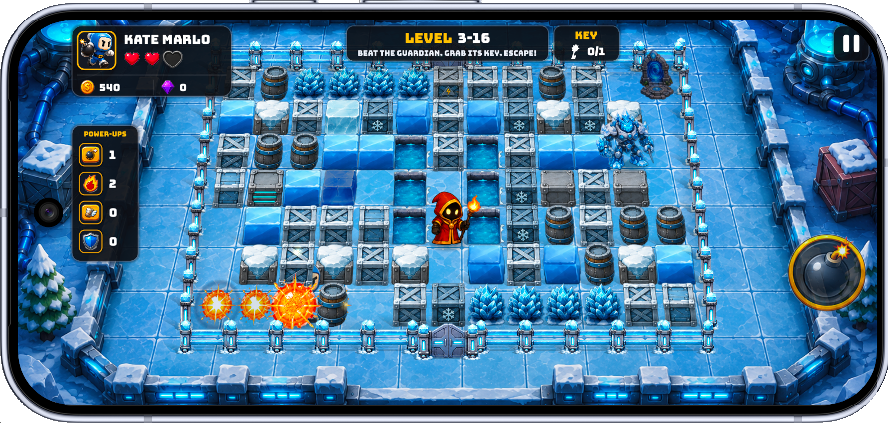 Frozen Ice Lab guardian battle with portal, ice blocks, barrels, and explosion effects.