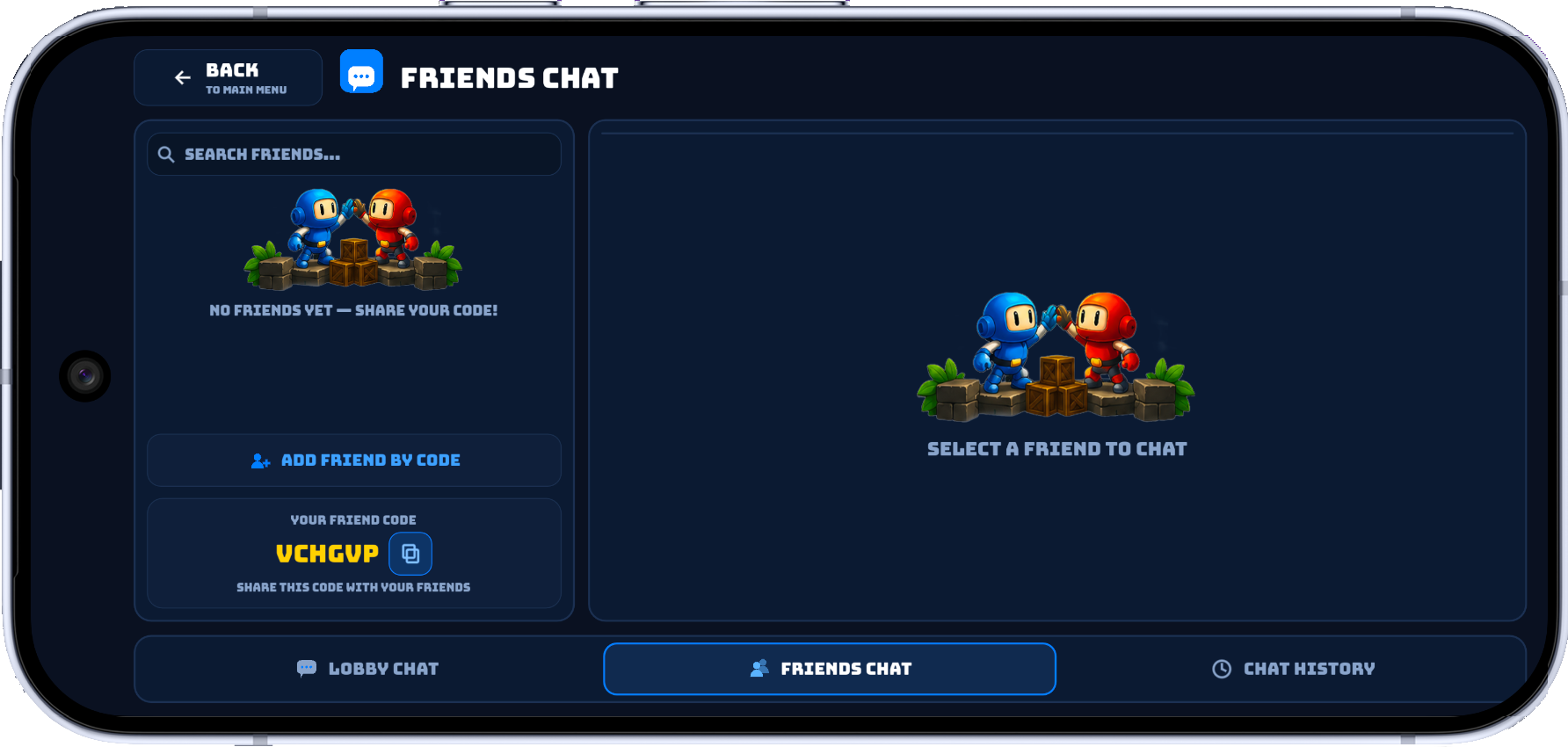Friends Chat screen with friend code, Lobby Chat, Friends Chat, and Chat History tabs.