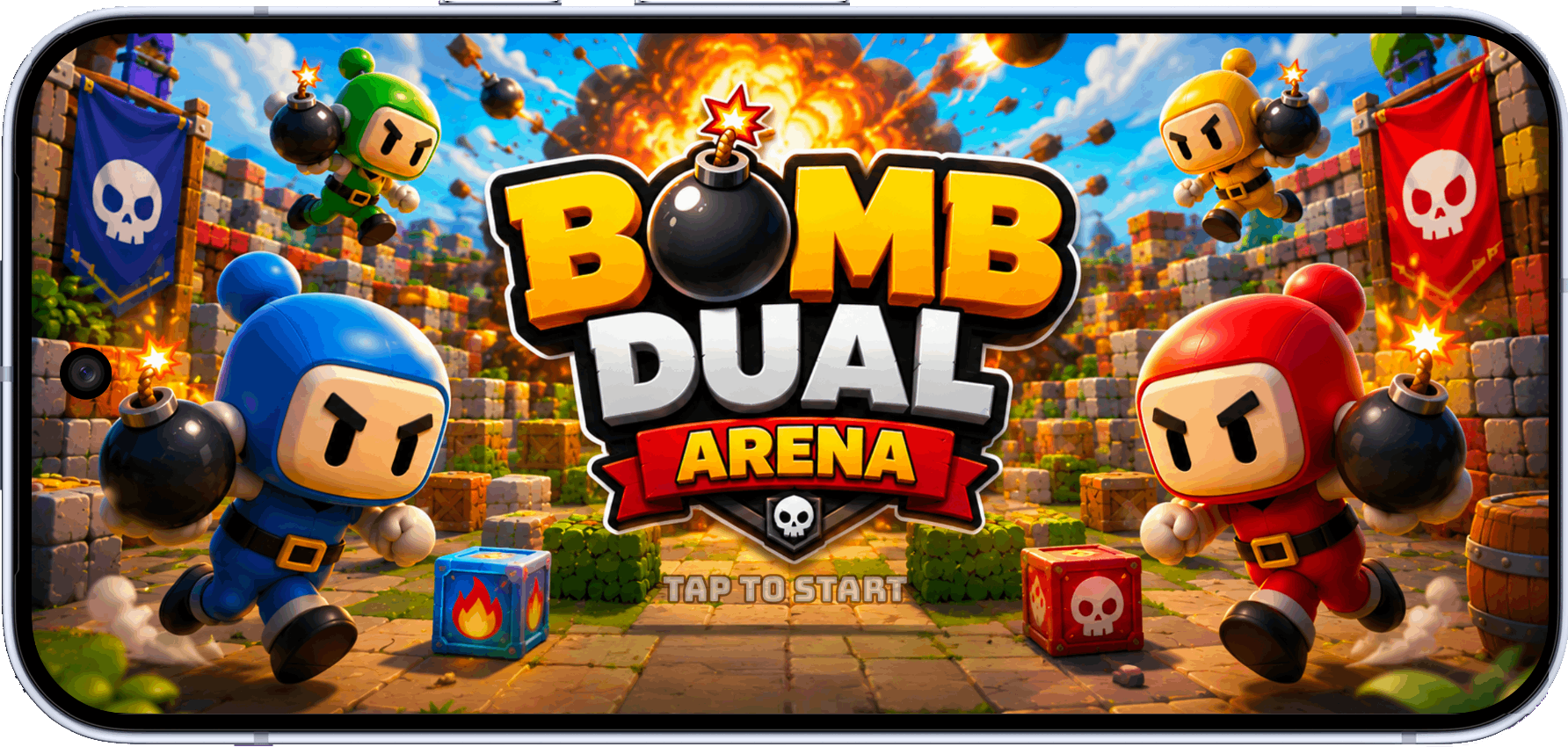 Tap-to-start title screen with blue, red, green, and gold bomb heroes.