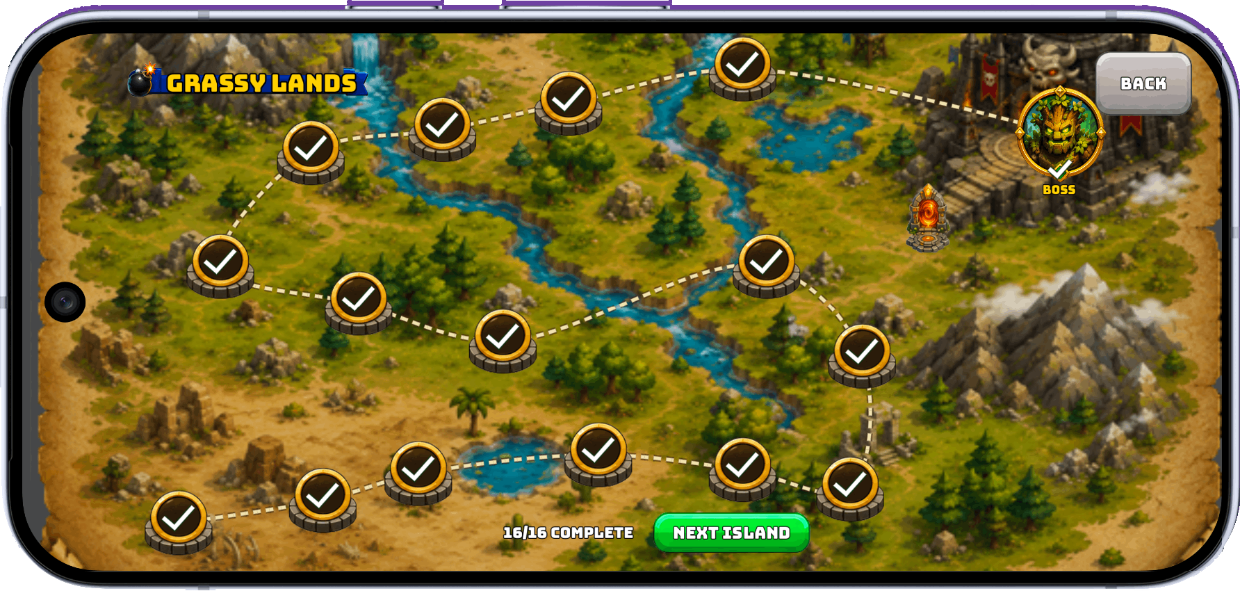 Completed Grassy Lands story map winding through forests, rivers, and mountains.